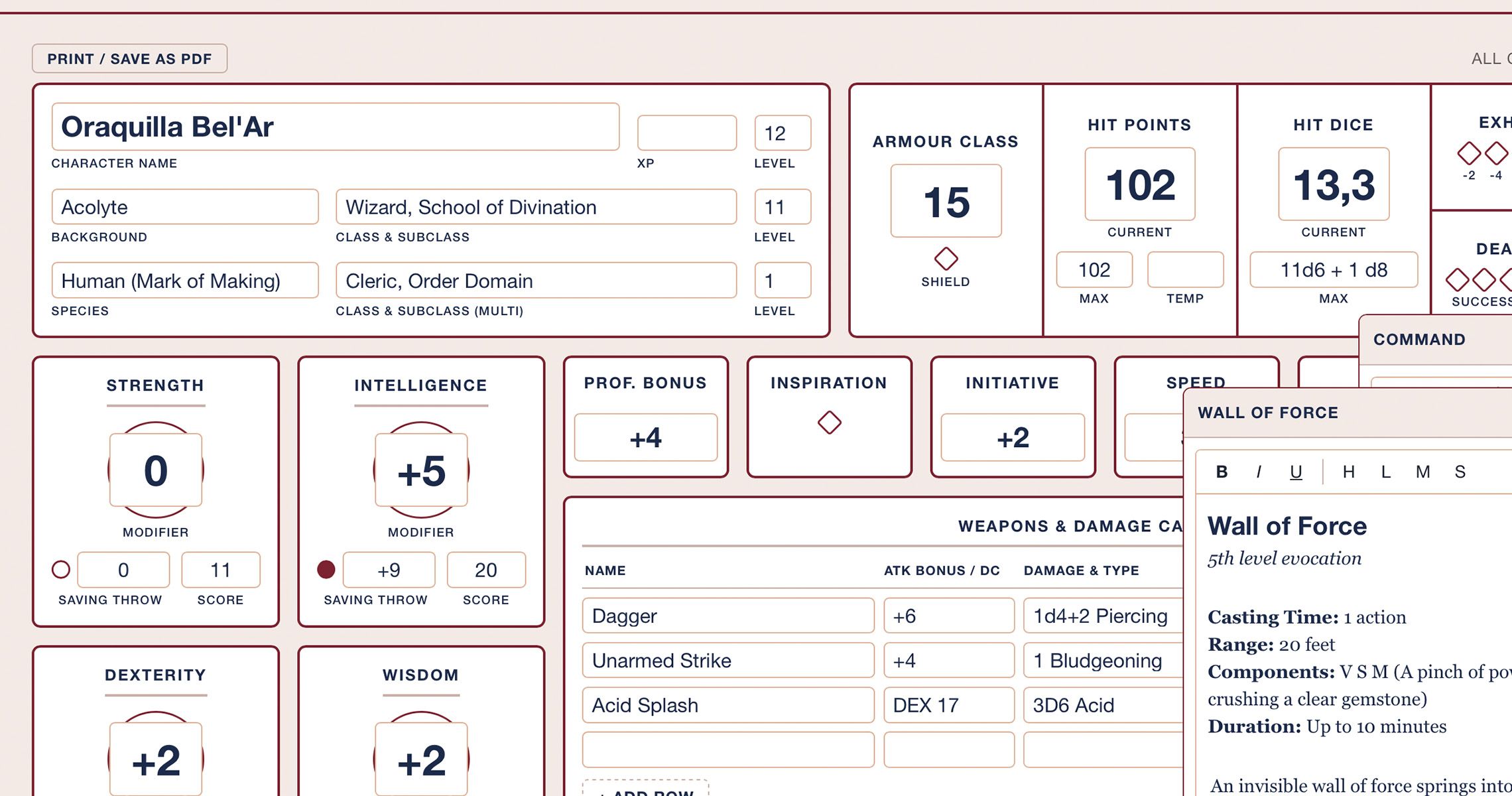 Preview of digital D&D character sheet app